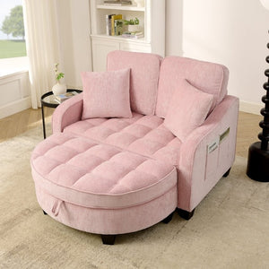 English Elm Two-Seater Corduroy Sofa with Sculptural Armrests Storage Ottoman and Lumbar Pillows Pink W487S00602