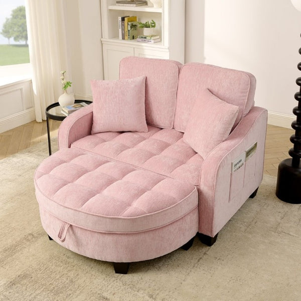 English Elm Two-Seater Corduroy Sofa with Sculptural Armrests Storage Ottoman and Lumbar Pillows Pink W487S00602