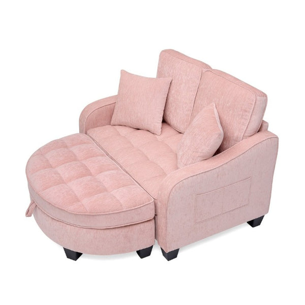 English Elm Two-Seater Corduroy Sofa with Sculptural Armrests Storage Ottoman and Lumbar Pillows Pink W487S00602