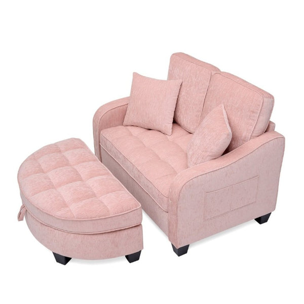 English Elm Two-Seater Corduroy Sofa with Sculptural Armrests Storage Ottoman and Lumbar Pillows Pink W487S00602