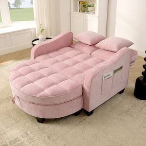 English Elm Two-Seater Corduroy Sofa with Sculptural Armrests Storage Ottoman and Lumbar Pillows Pink W487S00602