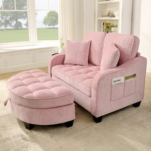 English Elm Two-Seater Corduroy Sofa with Sculptural Armrests Storage Ottoman and Lumbar Pillows Pink W487S00602