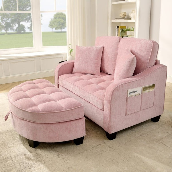 English Elm Two-Seater Corduroy Sofa with Sculptural Armrests Storage Ottoman and Lumbar Pillows Pink W487S00602