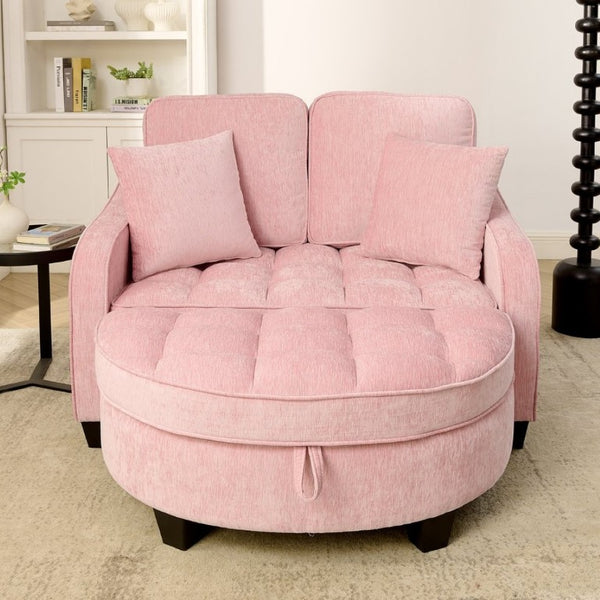 English Elm Two-Seater Corduroy Sofa with Sculptural Armrests Storage Ottoman and Lumbar Pillows Pink W487S00602