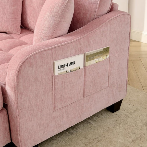 English Elm Two-Seater Corduroy Sofa with Sculptural Armrests Storage Ottoman and Lumbar Pillows Pink W487S00602