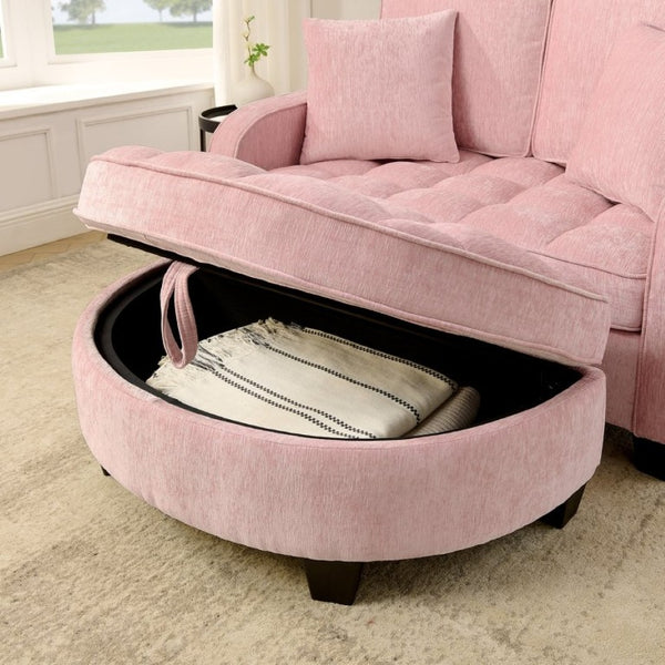 English Elm Two-Seater Corduroy Sofa with Sculptural Armrests Storage Ottoman and Lumbar Pillows Pink W487S00602