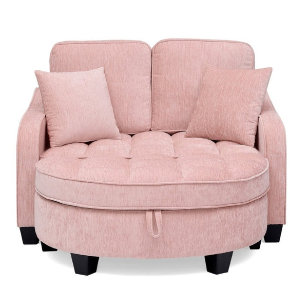 English Elm Two-Seater Corduroy Sofa with Sculptural Armrests Storage Ottoman and Lumbar Pillows Pink W487S00602