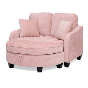 English Elm Two-Seater Corduroy Sofa with Sculptural Armrests Storage Ottoman and Lumbar Pillows Pink W487S00602