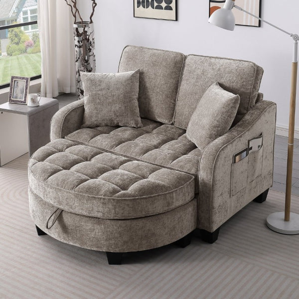English Elm Two-Seater Corduroy Sofa with Sculptural Armrests Storage Ottoman and Lumbar Pillows Brown W487S00603