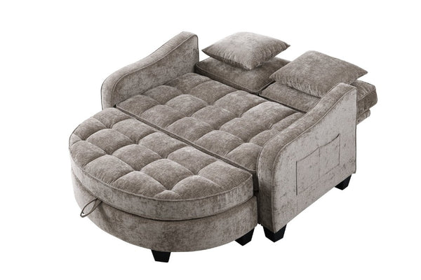 English Elm Two-Seater Corduroy Sofa with Sculptural Armrests Storage Ottoman and Lumbar Pillows Brown W487S00603