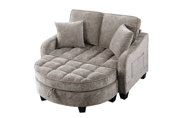 English Elm Two-Seater Corduroy Sofa with Sculptural Armrests Storage Ottoman and Lumbar Pillows Brown W487S00603