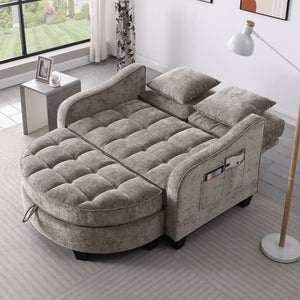 English Elm Two-Seater Corduroy Sofa with Sculptural Armrests Storage Ottoman and Lumbar Pillows Brown W487S00603