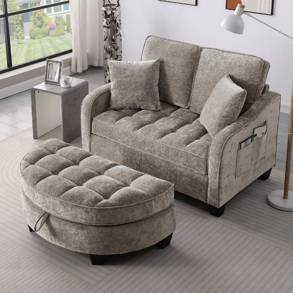 English Elm Two-Seater Corduroy Sofa with Sculptural Armrests Storage Ottoman and Lumbar Pillows Brown W487S00603