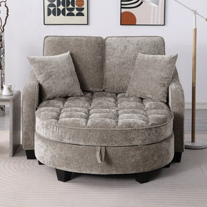English Elm Two-Seater Corduroy Sofa with Sculptural Armrests Storage Ottoman and Lumbar Pillows Brown W487S00603