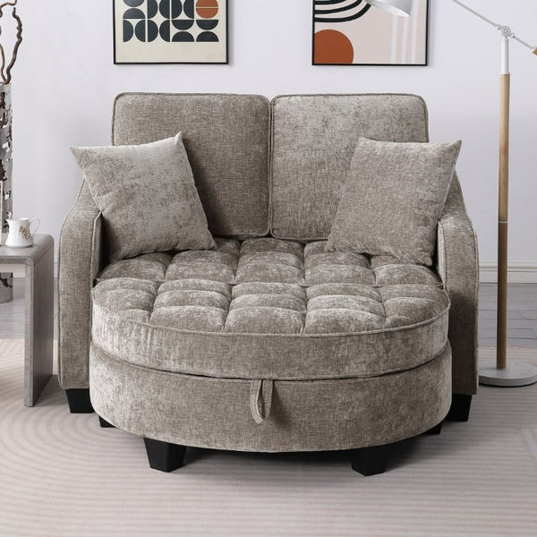 English Elm Two-Seater Corduroy Sofa with Sculptural Armrests Storage Ottoman and Lumbar Pillows Brown W487S00603