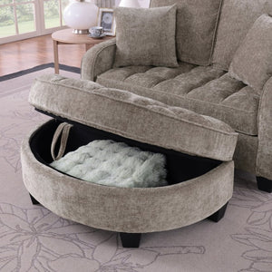 English Elm Two-Seater Corduroy Sofa with Sculptural Armrests Storage Ottoman and Lumbar Pillows Brown W487S00603