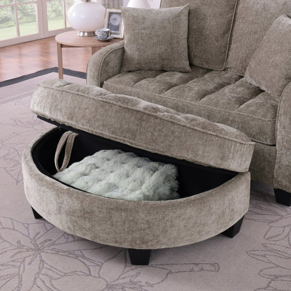 English Elm Two-Seater Corduroy Sofa with Sculptural Armrests Storage Ottoman and Lumbar Pillows Brown W487S00603