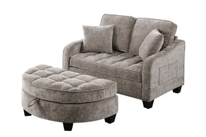 English Elm Two-Seater Corduroy Sofa with Sculptural Armrests Storage Ottoman and Lumbar Pillows Brown W487S00603