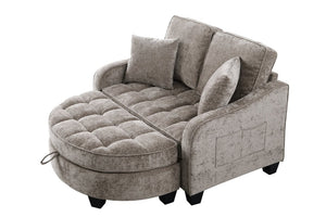 English Elm Two-Seater Corduroy Sofa with Sculptural Armrests Storage Ottoman and Lumbar Pillows Brown W487S00603