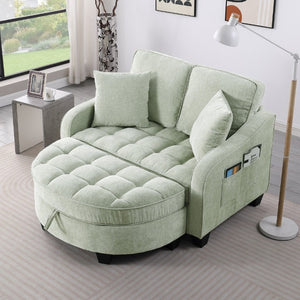 English Elm Two-Seater Corduroy Sofa with Sculptural Armrests Storage Ottoman and Lumbar Pillows Cyan W487S00604