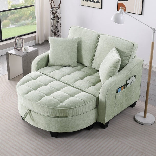 English Elm Two-Seater Corduroy Sofa with Sculptural Armrests Storage Ottoman and Lumbar Pillows Cyan W487S00604