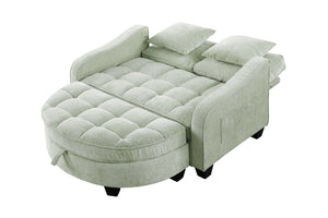 English Elm Two-Seater Corduroy Sofa with Sculptural Armrests Storage Ottoman and Lumbar Pillows Cyan W487S00604
