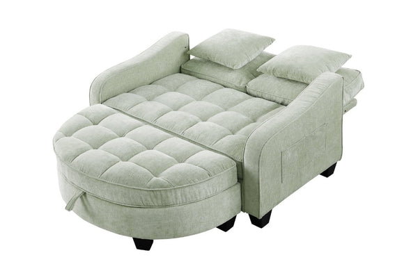 English Elm Two-Seater Corduroy Sofa with Sculptural Armrests Storage Ottoman and Lumbar Pillows Cyan W487S00604