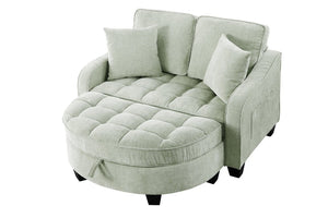 English Elm Two-Seater Corduroy Sofa with Sculptural Armrests Storage Ottoman and Lumbar Pillows Cyan W487S00604