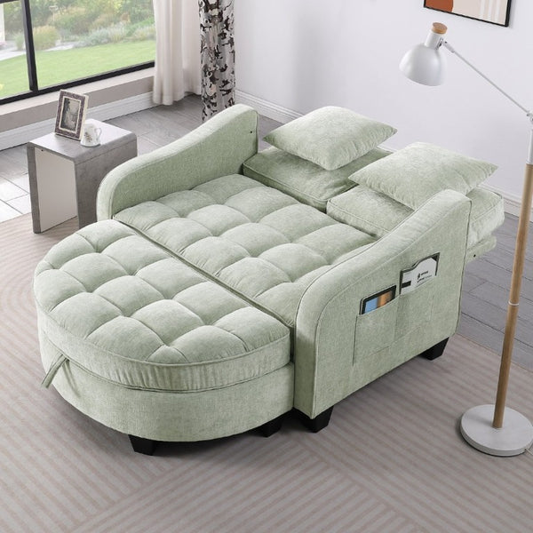 English Elm Two-Seater Corduroy Sofa with Sculptural Armrests Storage Ottoman and Lumbar Pillows Cyan W487S00604