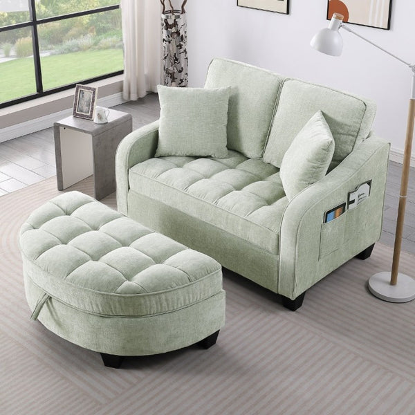 English Elm Two-Seater Corduroy Sofa with Sculptural Armrests Storage Ottoman and Lumbar Pillows Cyan W487S00604