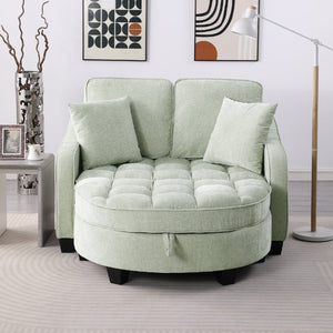 English Elm Two-Seater Corduroy Sofa with Sculptural Armrests Storage Ottoman and Lumbar Pillows Cyan W487S00604