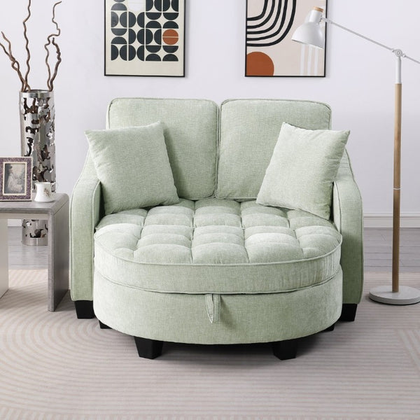 English Elm Two-Seater Corduroy Sofa with Sculptural Armrests Storage Ottoman and Lumbar Pillows Cyan W487S00604