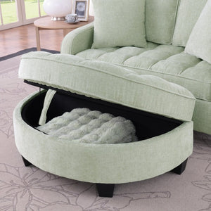 English Elm Two-Seater Corduroy Sofa with Sculptural Armrests Storage Ottoman and Lumbar Pillows Cyan W487S00604