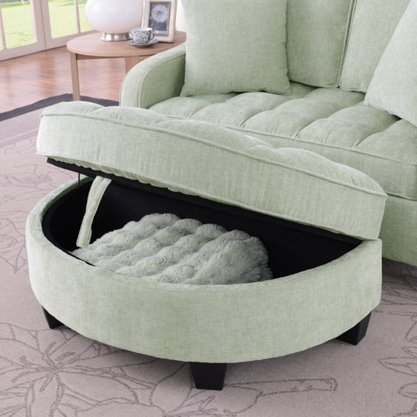English Elm Two-Seater Corduroy Sofa with Sculptural Armrests Storage Ottoman and Lumbar Pillows Cyan W487S00604