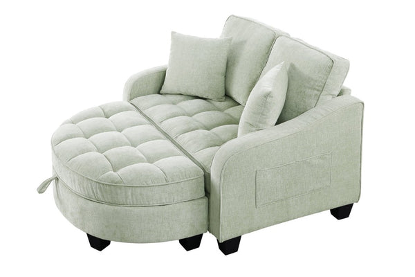 English Elm Two-Seater Corduroy Sofa with Sculptural Armrests Storage Ottoman and Lumbar Pillows Cyan W487S00604