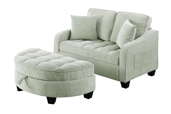 English Elm Two-Seater Corduroy Sofa with Sculptural Armrests Storage Ottoman and Lumbar Pillows Cyan W487S00604