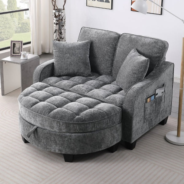 English Elm Two-Seater Corduroy Sofa with Sculptural Armrests Storage Ottoman and Lumbar Pillows Grey W487S00605