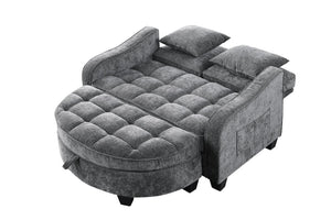 English Elm Two-Seater Corduroy Sofa with Sculptural Armrests Storage Ottoman and Lumbar Pillows Grey W487S00605