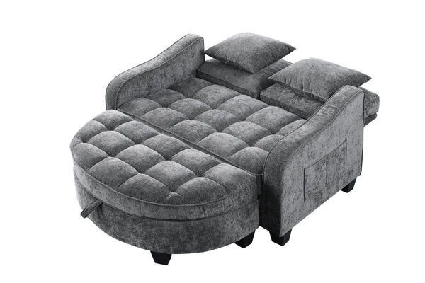 English Elm Two-Seater Corduroy Sofa with Sculptural Armrests Storage Ottoman and Lumbar Pillows Grey W487S00605