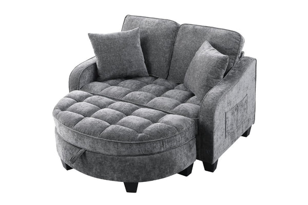 English Elm Two-Seater Corduroy Sofa with Sculptural Armrests Storage Ottoman and Lumbar Pillows Grey W487S00605