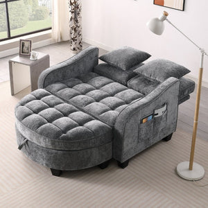 English Elm Two-Seater Corduroy Sofa with Sculptural Armrests Storage Ottoman and Lumbar Pillows Grey W487S00605