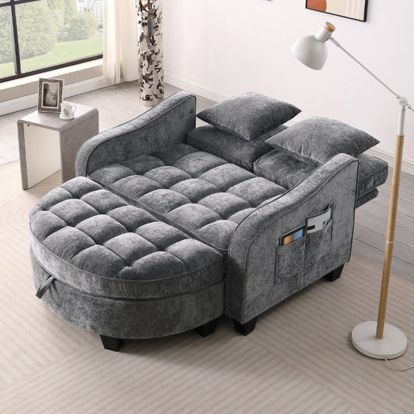 English Elm Two-Seater Corduroy Sofa with Sculptural Armrests Storage Ottoman and Lumbar Pillows Grey W487S00605