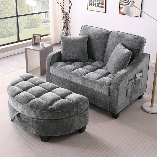 English Elm Two-Seater Corduroy Sofa with Sculptural Armrests Storage Ottoman and Lumbar Pillows Grey W487S00605