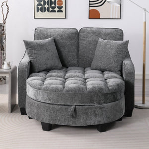 English Elm Two-Seater Corduroy Sofa with Sculptural Armrests Storage Ottoman and Lumbar Pillows Grey W487S00605