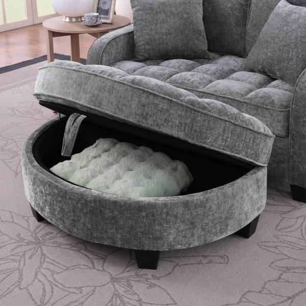 English Elm Two-Seater Corduroy Sofa with Sculptural Armrests Storage Ottoman and Lumbar Pillows Grey W487S00605