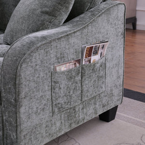 English Elm Two-Seater Corduroy Sofa with Sculptural Armrests Storage Ottoman and Lumbar Pillows Grey W487S00605
