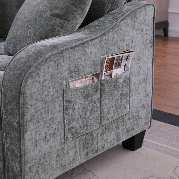 English Elm Two-Seater Corduroy Sofa with Sculptural Armrests Storage Ottoman and Lumbar Pillows Grey W487S00605