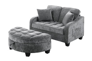 English Elm Two-Seater Corduroy Sofa with Sculptural Armrests Storage Ottoman and Lumbar Pillows Grey W487S00605