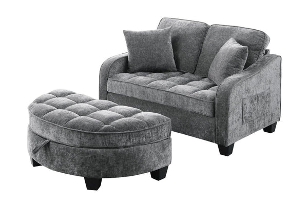 English Elm Two-Seater Corduroy Sofa with Sculptural Armrests Storage Ottoman and Lumbar Pillows Grey W487S00605
