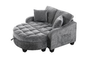 English Elm Two-Seater Corduroy Sofa with Sculptural Armrests Storage Ottoman and Lumbar Pillows Grey W487S00605